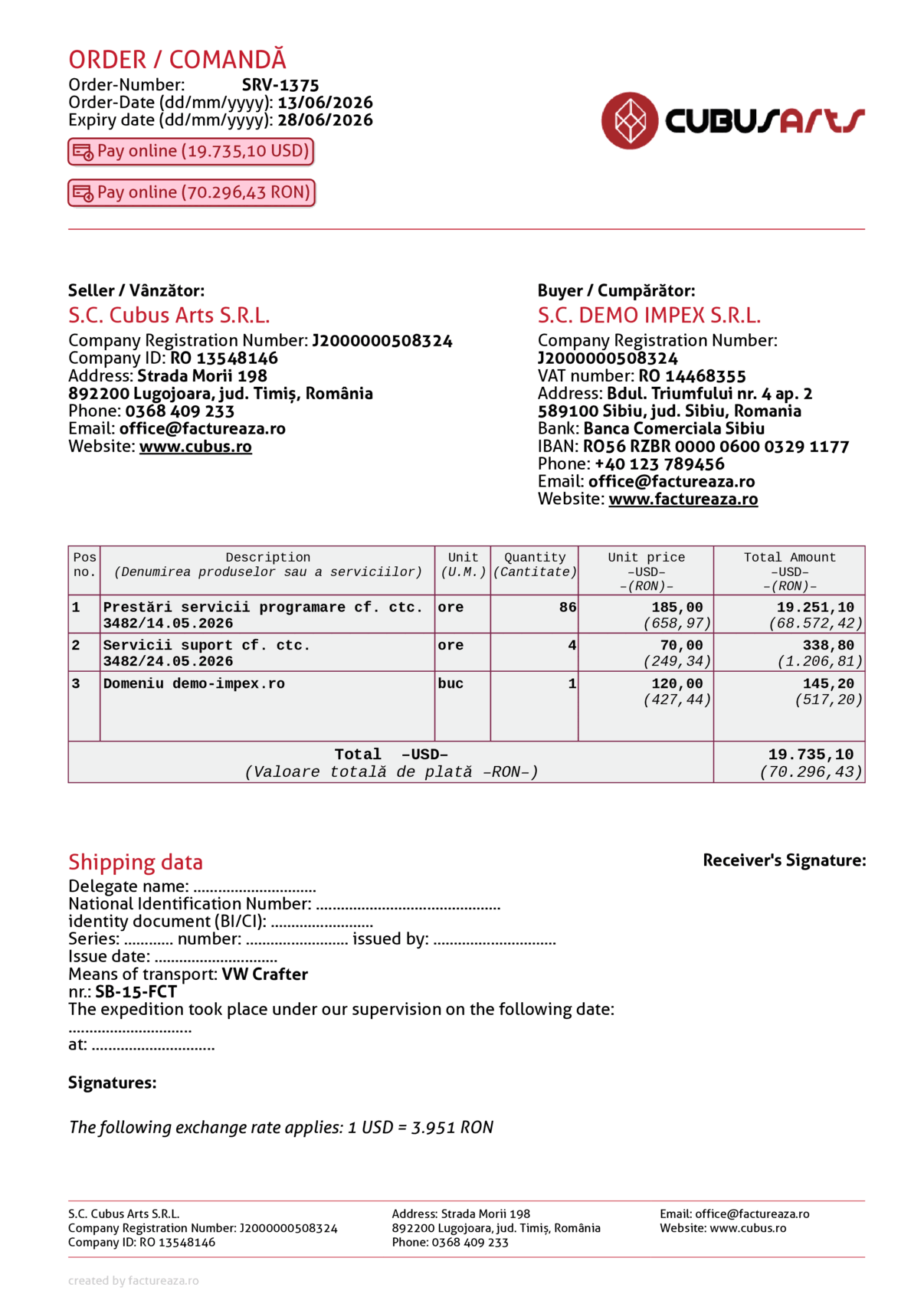 Comandă fără TVA, USD + RON, engleză